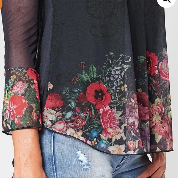 Desigual O’Hara Sheer Sleeve Floral and Rhinestone Hem Lined Flowy Blouse - Picture 3 of 11